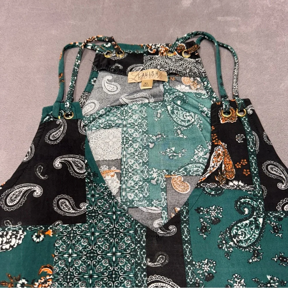 Lavish Green Black Patchwork paisley print handkerchief hem cami Tank Top XL - Picture 6 of 8